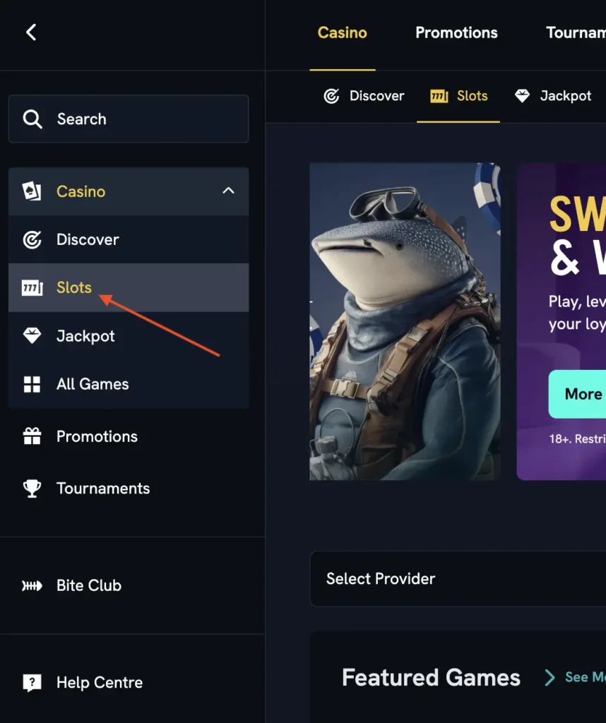 SpinShark How To Play Slots Step 2